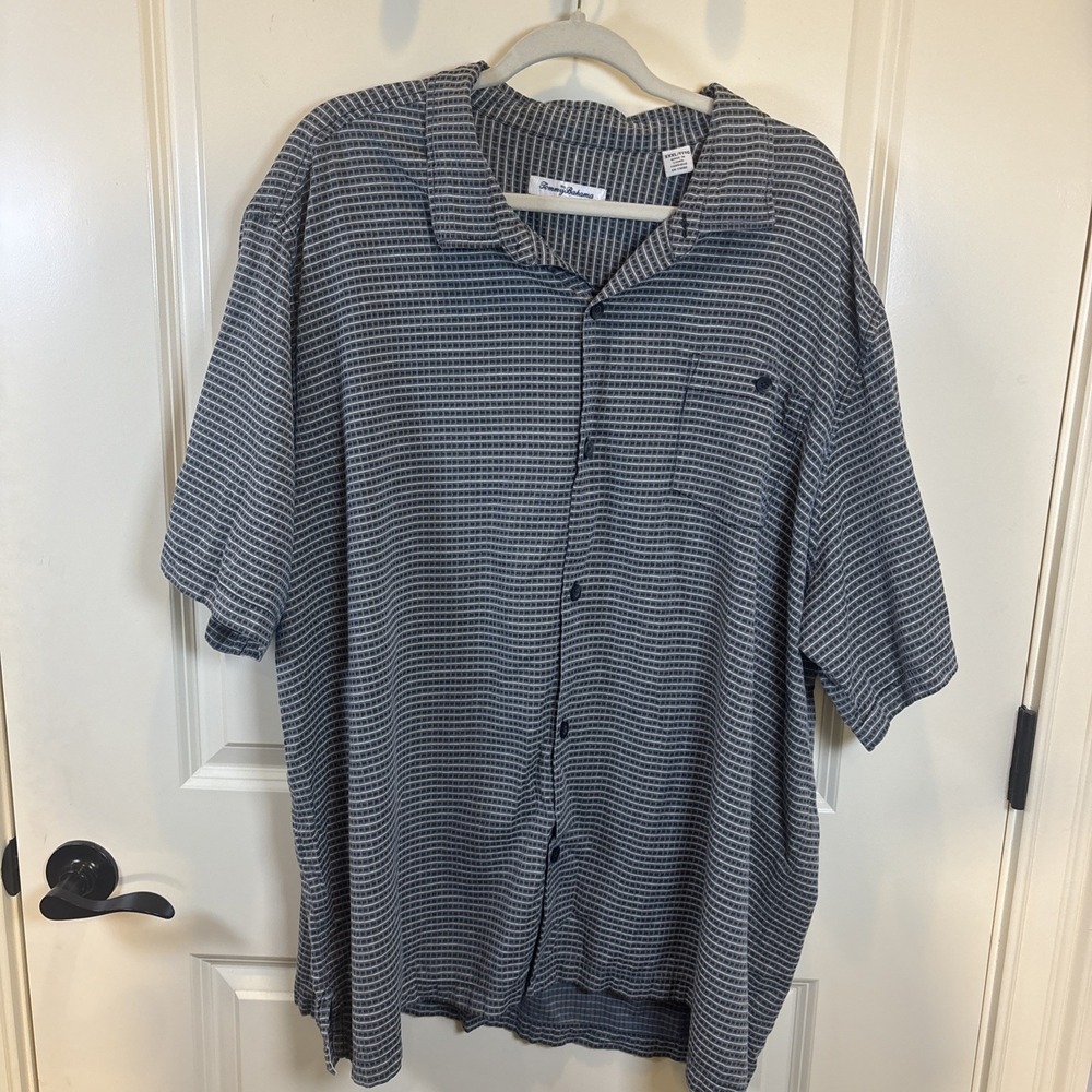 Tommy Bahama Mens Navy Geometric Silk Blend Button Front Shirt Size 3XL